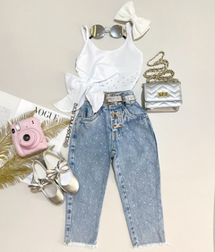 Conjunto calça com Cropped strass Glamour