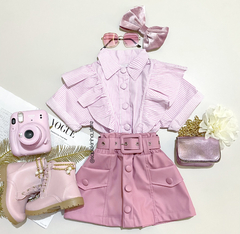 Short Saia courino rosa com cinto