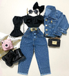 Conjunto de jaqueta com calça jeans Strass