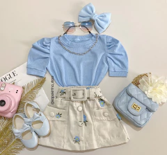 Short saia linho bordada com cinto