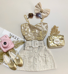 Conjunto short saia com cinto e Cropped paetê