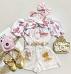 Conjunto jardineira bordada com blusa lacinho ursinho