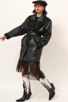 Blazer couro recorte veludo preto garimpado Barcelona - loja online