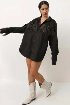 Camisão preto franjas bordado ampla - Capichó Brechó