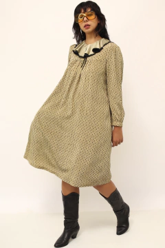 Vestido gravata vintage bege gola babados - comprar online