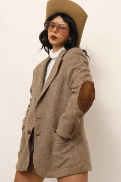 Blazer xadrez classico recorte couro marrom - comprar online