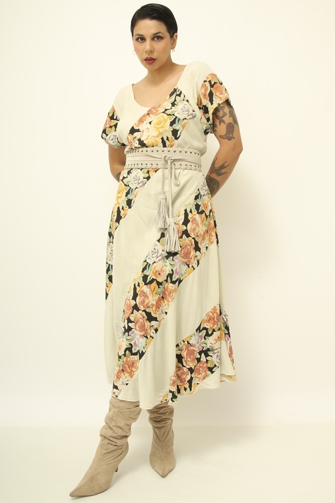 Vestido flor vintage bege listras