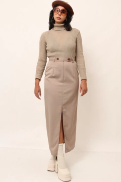 saia cintura alta bege midi vintage - loja online