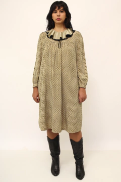 Vestido gravata vintage bege gola babados - loja online