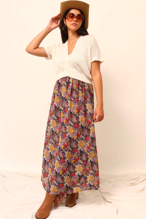 Saia cintura alta flores roxa CEA vintage