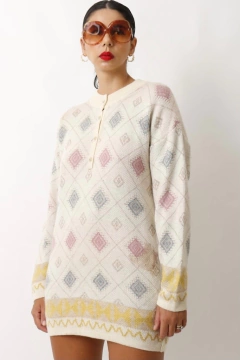 Pulover off lã com acrilico estampa azuleijo