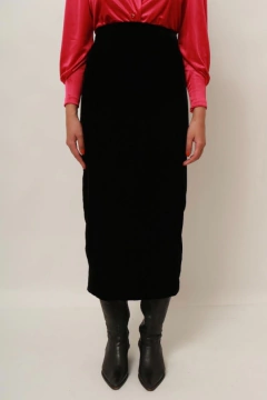 Saia veludo cintura alta vintage midi preta - loja online