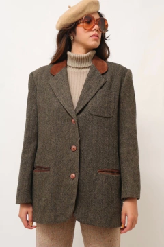 blazer xadrez pala couro marrom vintage