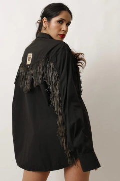 Camisão preto franjas bordado ampla - Capichó Brechó