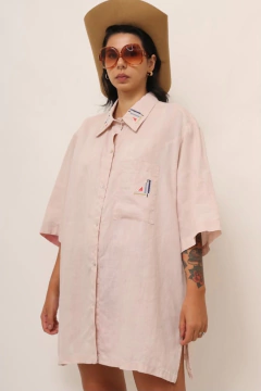 camisa linho rosa bordado gola