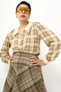 Saia xadrez tricot cintura alta