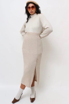 Saia midi cintura alta rayon bege fenda
