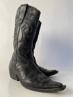 Bota couro western preta vintage 34