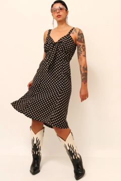 Vestido poa preto forrado semi midi