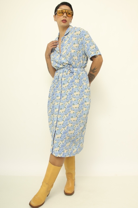 Vestido azul 100% poliester vintage