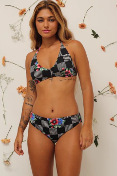 Conjunto biquini + calcinha vintage estampa preto flores na internet