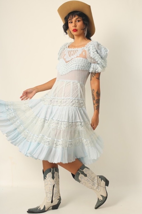 vestido babados azul ceu renda transparencia