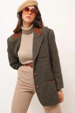 blazer xadrez pala couro marrom vintage