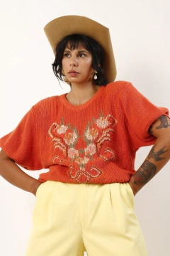 pulôver tricot laranja bordado flores na internet