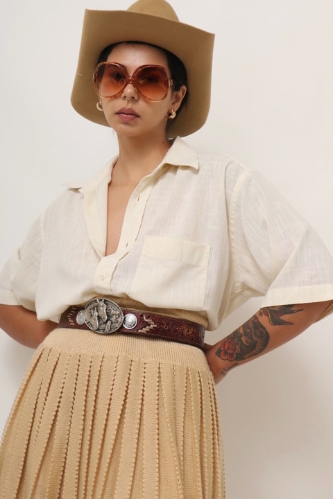 camisa viscose off white vintage ampla