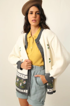 Cardigan off com cinza flores vintage na internet