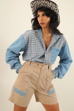 Camisa jeans azul xadrez vintage