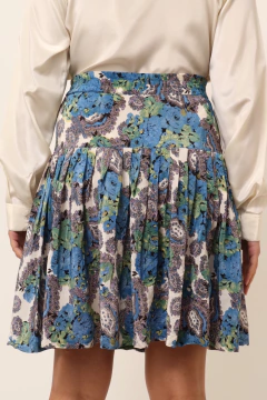 Saia cintura alta estampa azul estilo Gucci rodada - Capichó Brechó
