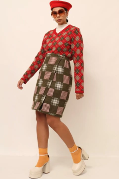 Saia xadrez verde traznapssada lã cintura alta - comprar online