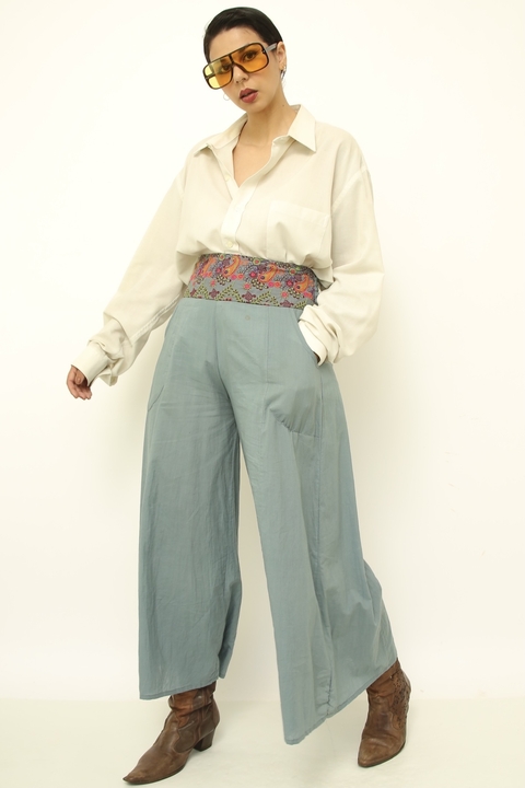 Calça azul pantalona midi