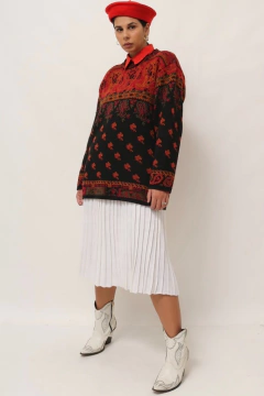 Pulover acrilico preto estampa vermelho mostarda - loja online