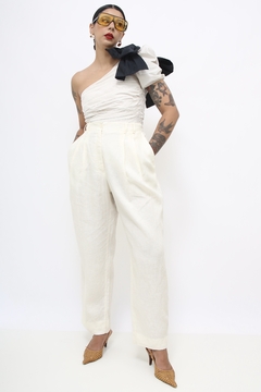 Calca linho pregas chic vintage