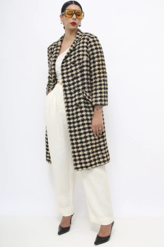Casaco longo xadrez vintage preto e branco