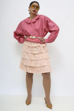Saia rosa camadas renda vintage