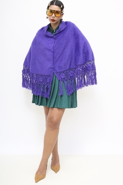 Poncho roxo vintage pelúcia franja
