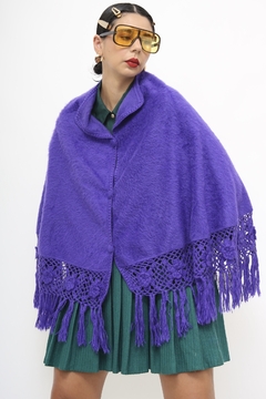 Poncho roxo vintage pelúcia franja