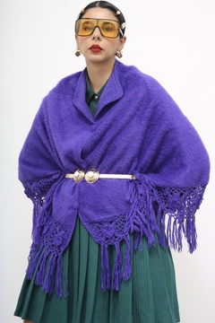 Poncho roxo vintage pelúcia franja