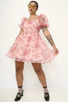 Vestido Mini floral organza transparência vintage