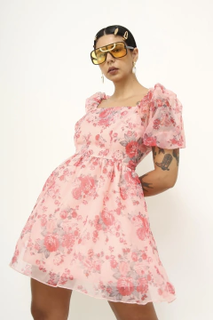 Vestido Mini floral organza transparência vintage na internet