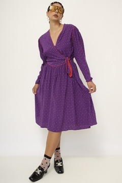 Vestido roxo estampado 100% seda mídi - loja online