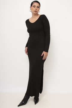 Vestido tricot longo fenda manga longa preto - loja online