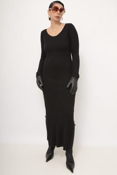 Vestido tricot longo fenda manga longa preto na internet
