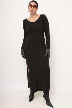 Vestido tricot longo fenda manga longa preto