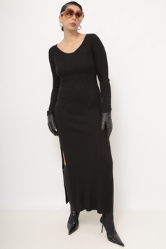 Vestido tricot longo fenda manga longa preto