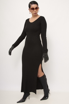 Vestido tricot longo fenda manga longa preto - Capichó Brechó