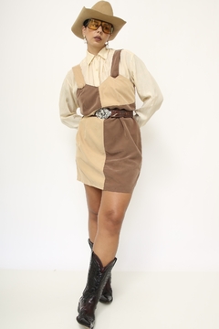 Vestido recortes bege marrom vintage